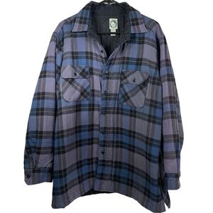 Vtg Mens XL Quilted Flannel Shirt Jacket Blue Purple Plaid Shacket Winter Hippie